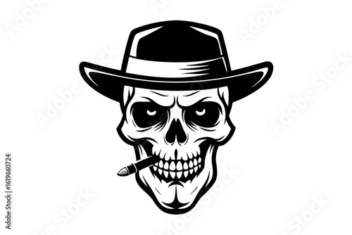 Stylized skull wearing a fedora hat and smoking a cigarette in black and white