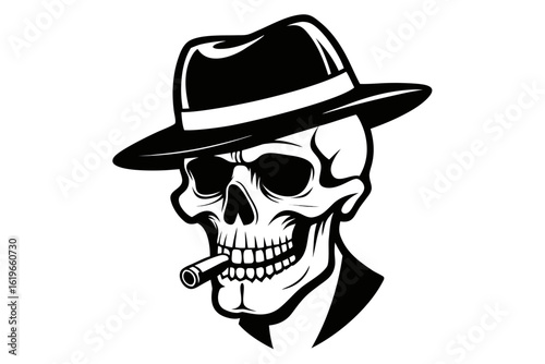 Stylized black and white skull wearing a fedora and smoking a cigar