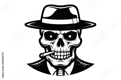 Stylized skull wearing a fedora and smoking a cigar in a suit