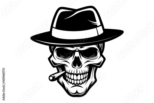 Stylized skull wearing a fedora hat and smoking a cigar