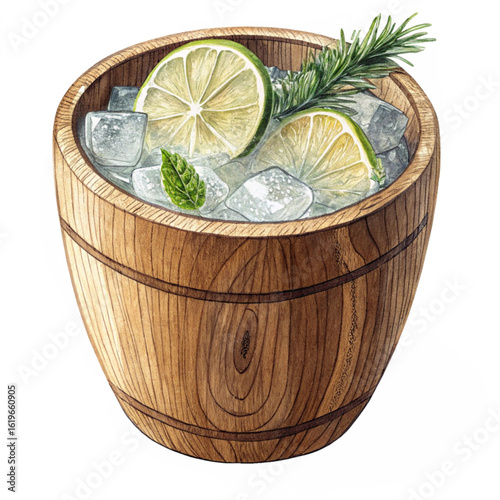 Refreshing lime drink with ice and herbs served in rustic wooden barrel mug
