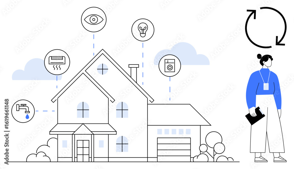 Obraz premium House with smart devices for lights, heating, water monitoring, and security. Woman holding clipboard and arrows denoting system feedback. Ideal for technology, efficiency, sustainability, IoT