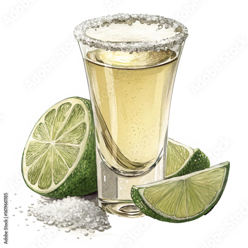 Refreshing tequila shot with lime wedges and salt rim, perfect celebration drink