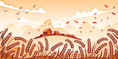 Autumn rural landscape, farm and harvest, wheat field, ears of wheat, vector drawing