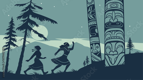 Serene Native American women silhouettes dance beneath a mystical moonlit sky near ancient totem poles, evoking a peaceful, spiritual atmosphere in a stylized, minimalist vector illustration.