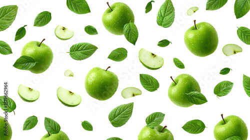 Green apple with water splash on transparent background