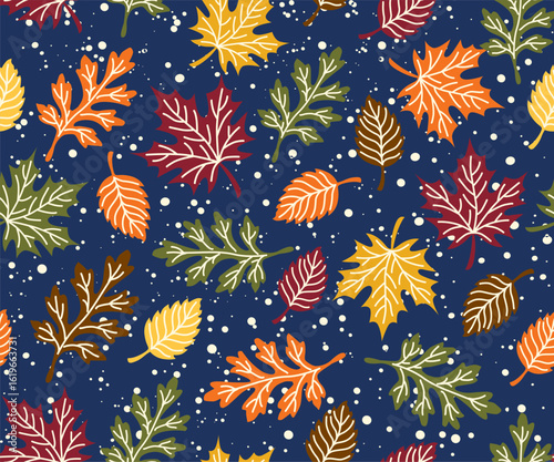 Seamless Pattern of Fall nad Autumn Leaves with Dots and Blue Background- Autumn Vector Illustration
