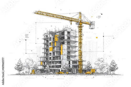 Architectural drawing of a multi-story building under construction, with crane