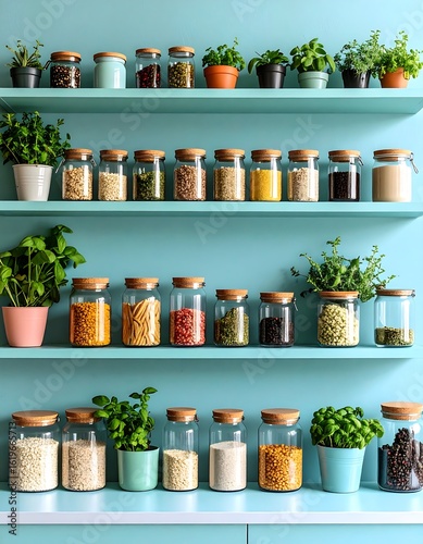 Organized pantry with jars of various grains and herbs