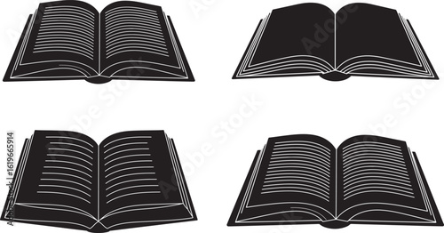 Four open books in a silhouette style