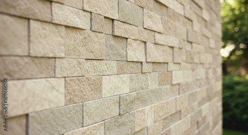 A close-up view showcases an exterior wall constructed from textured, rectangular stones in varying shades of beige and light brown. The wall's diagonal perspective highlights its dimensional quality