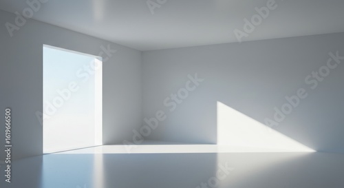 Wallpaper Mural An empty, modern room with white walls, a doorway framing a bright sky, and sunlight casting a triangular shadow. The floor is glossy Torontodigital.ca