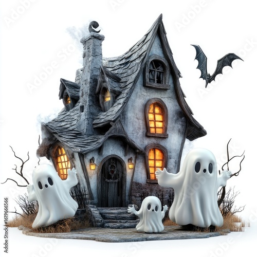 Haunted House Halloween Scene: Spooky Cottage with Ghosts and Bat