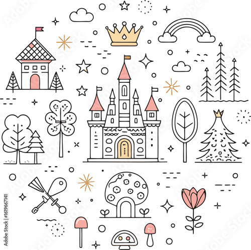 Whimsical fairytale castle forest nature elements and crown rainbow clouds