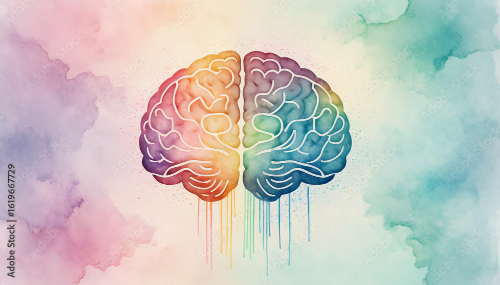 custom made wallpaper toronto digitalWatercolor illustration of a human brain with vibrant, colorful, abstract patterns on each hemisphere.