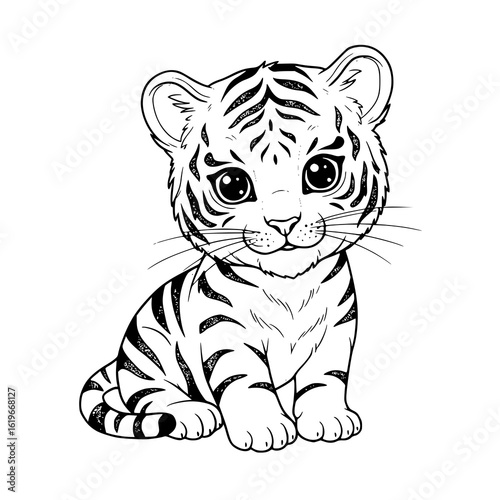 Adorable tiger cub sitting with big eyes