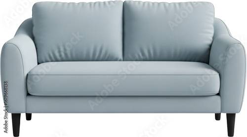 A pale blue upholstered sofa with two back cushions and a single seat cushion transparent background