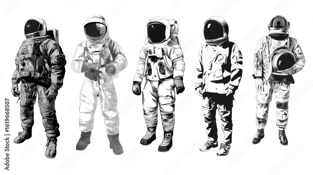 Naklejka premium Astronauts on a Mission: A group of astronauts in their space suits are prepared to explore the cosmos, representing a symbol of humanity's aspiration and spirit of exploration.