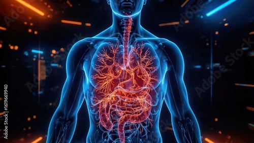 Gut Health Test. Human body glowing blue with red digestive system dig