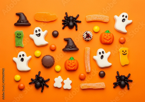 Halloween Candy Arrangement on Vibrant Orange Background.