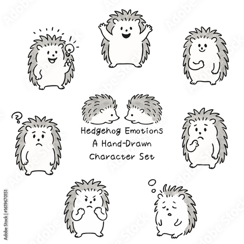 A charming set of hand-drawn hedgehog character illustrations in black and white ink. This collection features a variety of expressive poses and emotions, including sleeping, curled up, surprised, hap