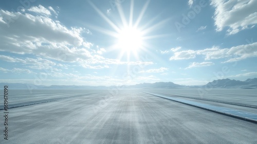 Empty, paved road stretches into a bright, sunny desert landscape.  Vast, flat expanse under a brilliant sky.  Perfect for a concept or inspirational image..