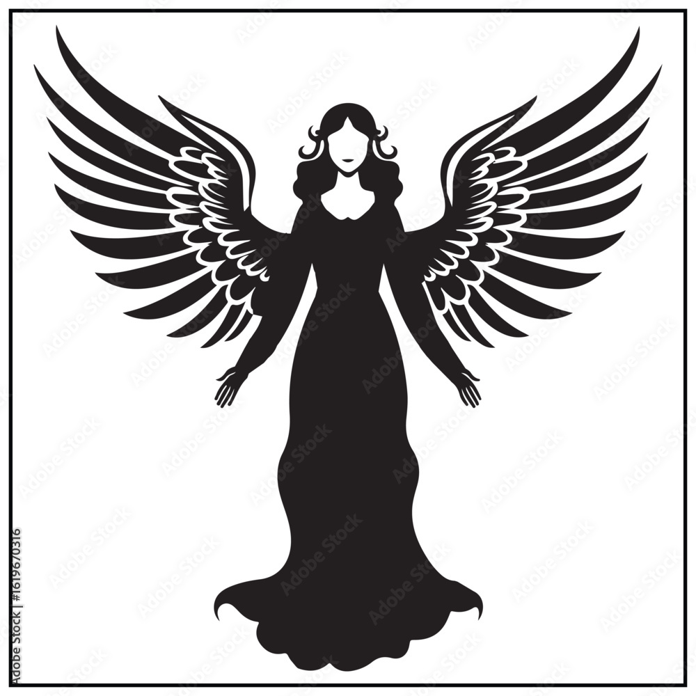 Obraz premium Vector art of black silhouette of an angel with spread wings isolated on white background