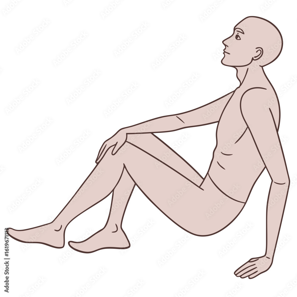 Stylized illustration of a bald man sitting with legs extended and looking upwards with a thoughtful expression Stylized illustration of a bald man sitting with legs extended and looking upwards with a thoughtful expression