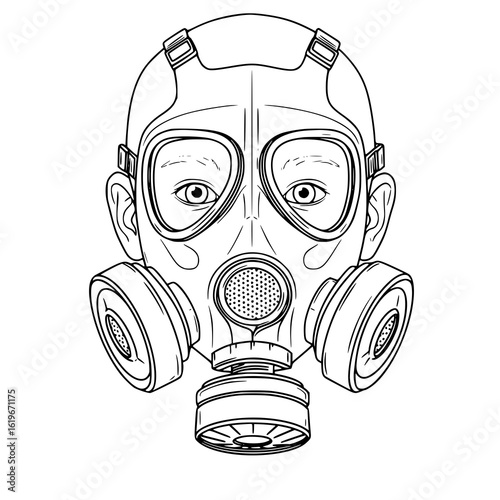 Man wears gas mask, eye contact, protection concept