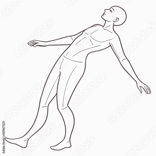 Stylized line art drawing of a bald male figure in a dynamic pose leaning backward with arms outstretched