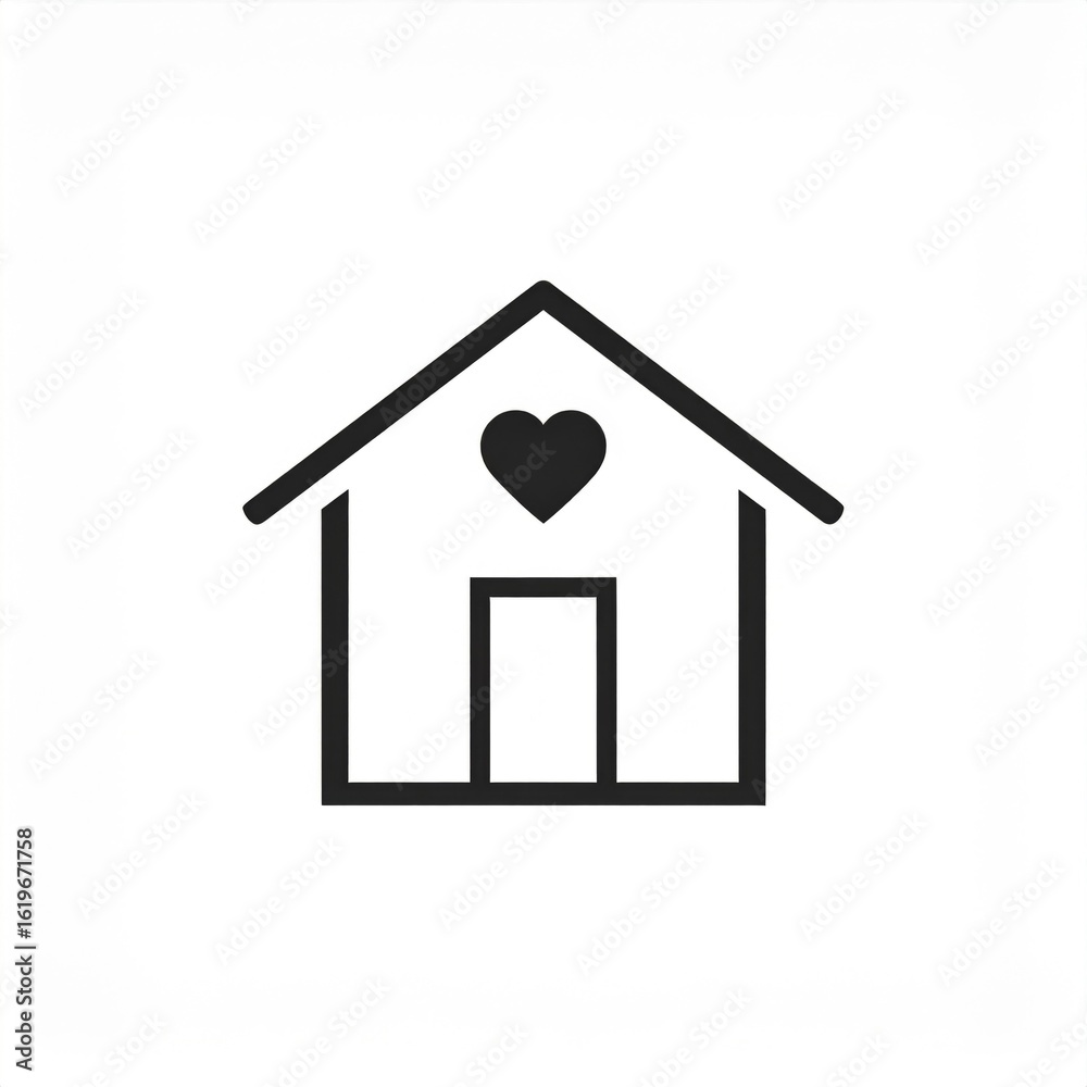 Fototapeta premium Simple Black and White House Icon with Heart Symbol on White Background