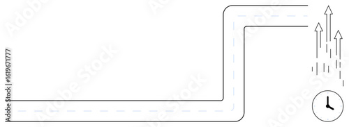 Road turns sharply into upward arrows depicting success, growth, and progress accompanied by a clock. Ideal for strategy, time management, planning, goal setting, career, business growth simple flat