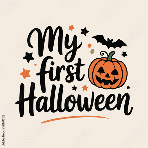 My First Halloween Cute Pumpkin and Bat Baby T Shirt Design for Halloween Celebration

