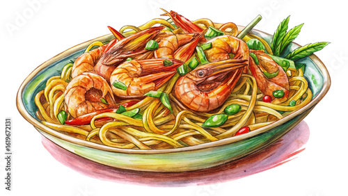 Vector illustration of a delicious shrimp Pad Thai dish served in a clean white bowl. Tasty Thai cuisine with noodles, shrimp, and garnish in banner format