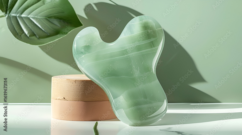 Fototapeta premium A light green gua sha tool on a small pedestal with a green leaf in the background casting shadows .