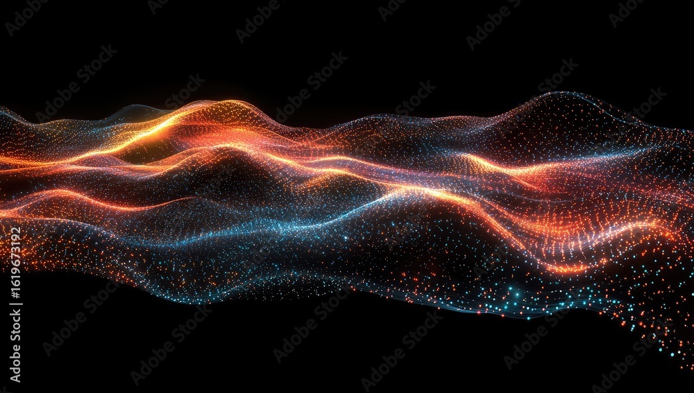 Fototapeta premium Abstract wavy form of glowing particles in orange and teal