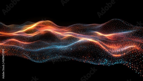 Abstract wavy form of glowing particles in orange and teal