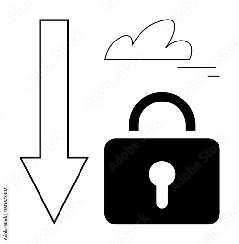 Bold arrow pointing downward, stylized cloud, and padlock symbolizing secure data transfer and cloud safety. Ideal for technology, cybersecurity, privacy, data protection, encryption, software