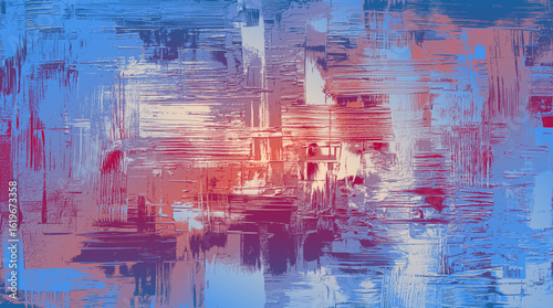 Frosted Red Sky.  Cool-toned composition with sky blue, crimson, and hints of plum. Expressive vertical and horizontal strokes with icy overlays