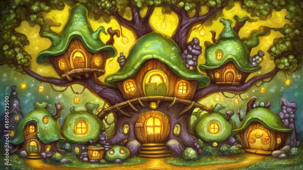 Obraz premium Enchanting fairy village nestled within a giant tree, with luminous homes, glowing lights, and whimsical architecture.