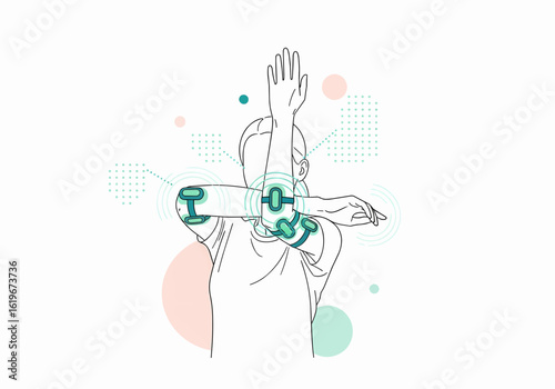 Illustration of a human arm with wearable sensor technology, showcasing the rapid blend of bionics and data analysis.