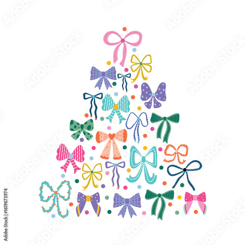 Christmas tree made of bows. Illustration on a transparent background.