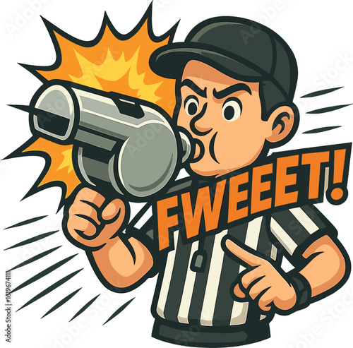 Cartoon referee blowing giant whistle with comic sound FX and intense expression