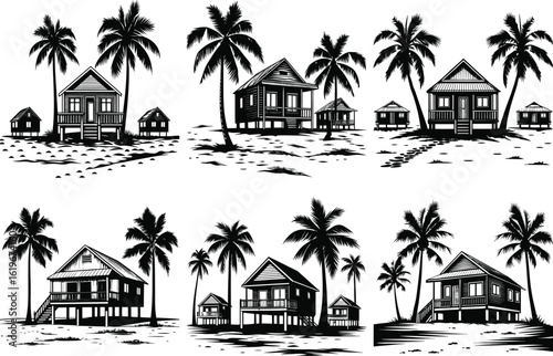 Tropical beach bungalows and palm trees hand drawn illustration