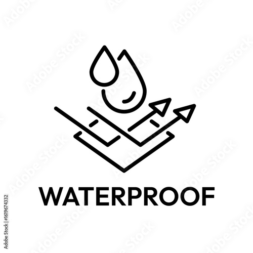 Waterproof icon set. Water resistant symbol. Water protection, liquid proof protection. Arrows with water drop. Anti wetting material, surface protection. Waterproof logo, label, badge, line, vector.