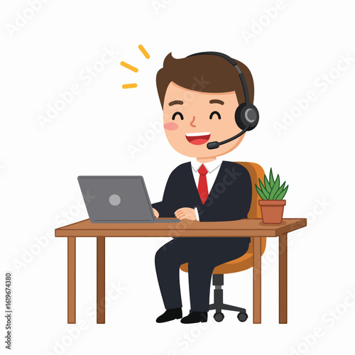 Cheerful male call center agent in a suit with a headset offering friendly customer support online