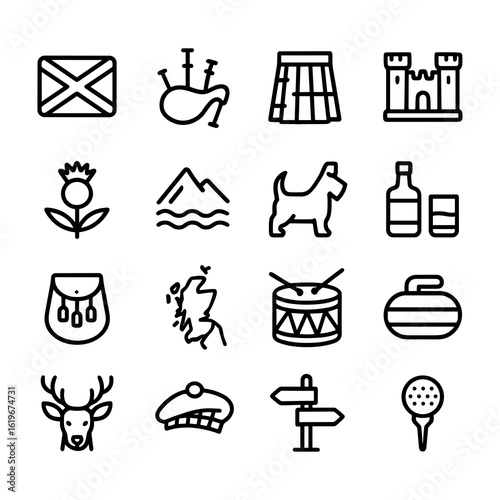 Simple Line Art Scotland Culture Landmarks and Tourist Attractions Icon Set