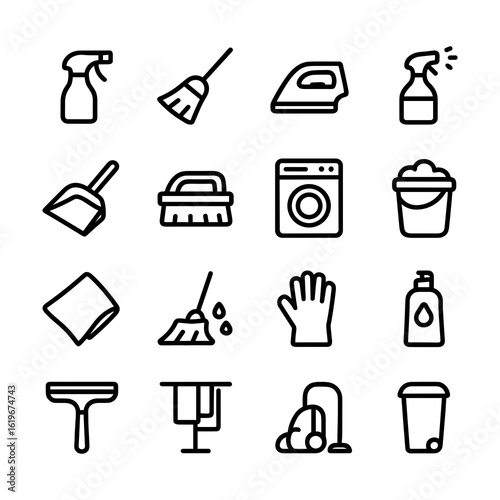 Simple Line Art Various Cleaning Equipment and Supplies Icon Set