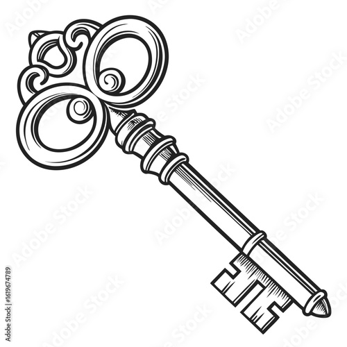 Ornate vintage black and white drawing of an antique skeleton key with a decorative bow