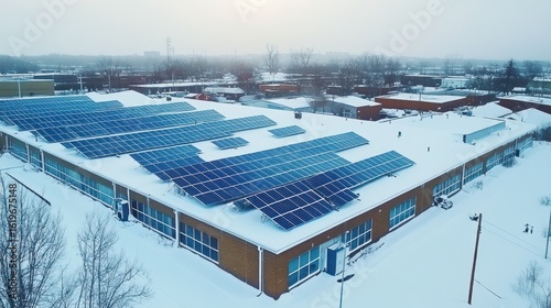 Aerial view of solar panels on a snow-covered building roof in winter.